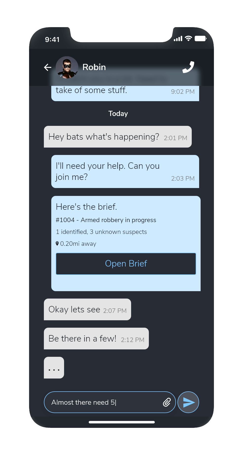 Screenshot of a chat between Robin and Bruce with text typed into the input field.