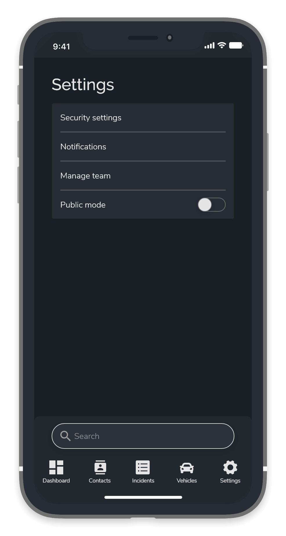 A screenshot of the settings menu with public mode turned off and the application in dark mode as a result.