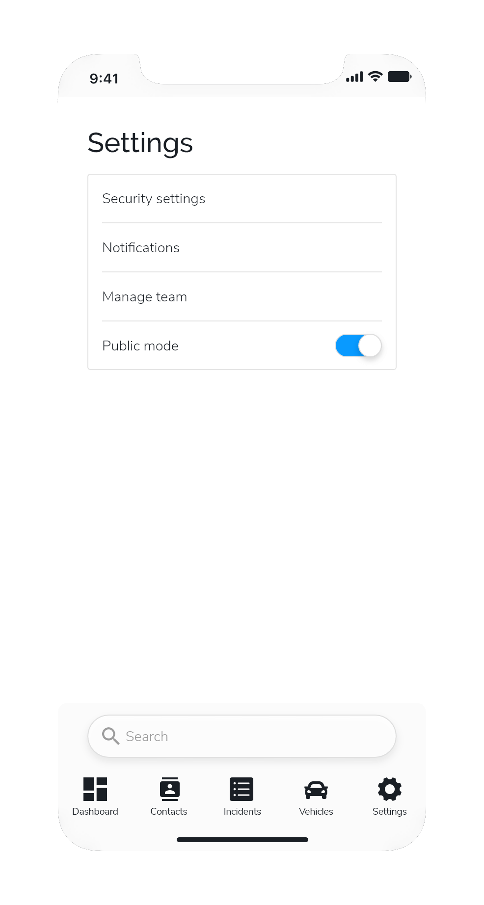 A screenshot of the settings menu with public mode turned on and the application in light mode as a result.